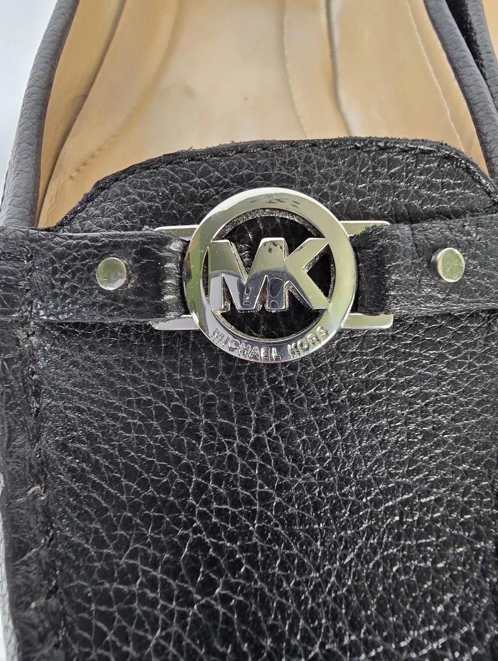 Michael Kors Moc Black Leather Moccasin Loafers Silver Tone Hardware Size 8.5